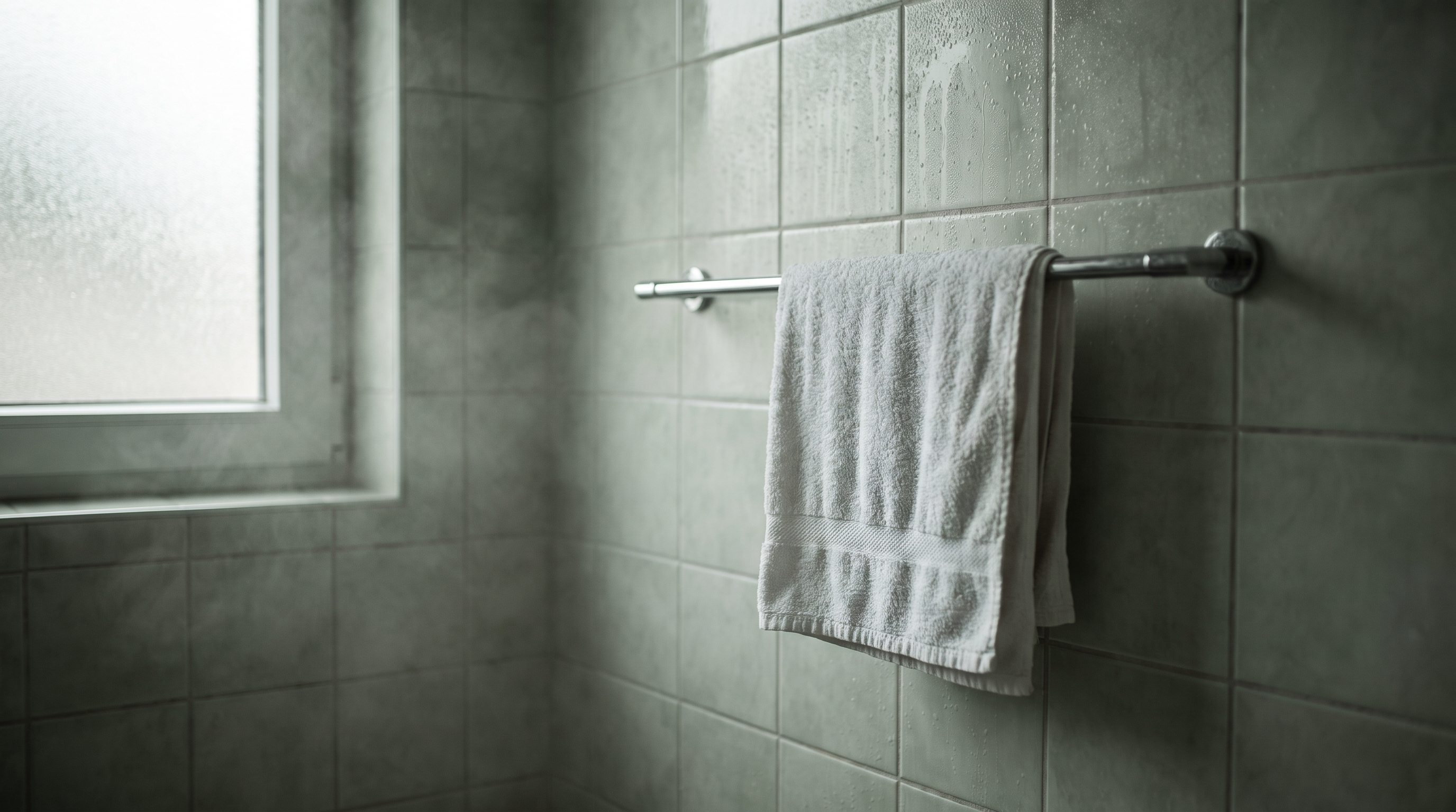 A damp white towel folded over a chrome rail in a tiled bathroom