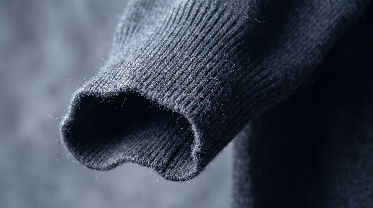 Close detail of a charcoal grey fine-gauge merino knit and ribbed cuff