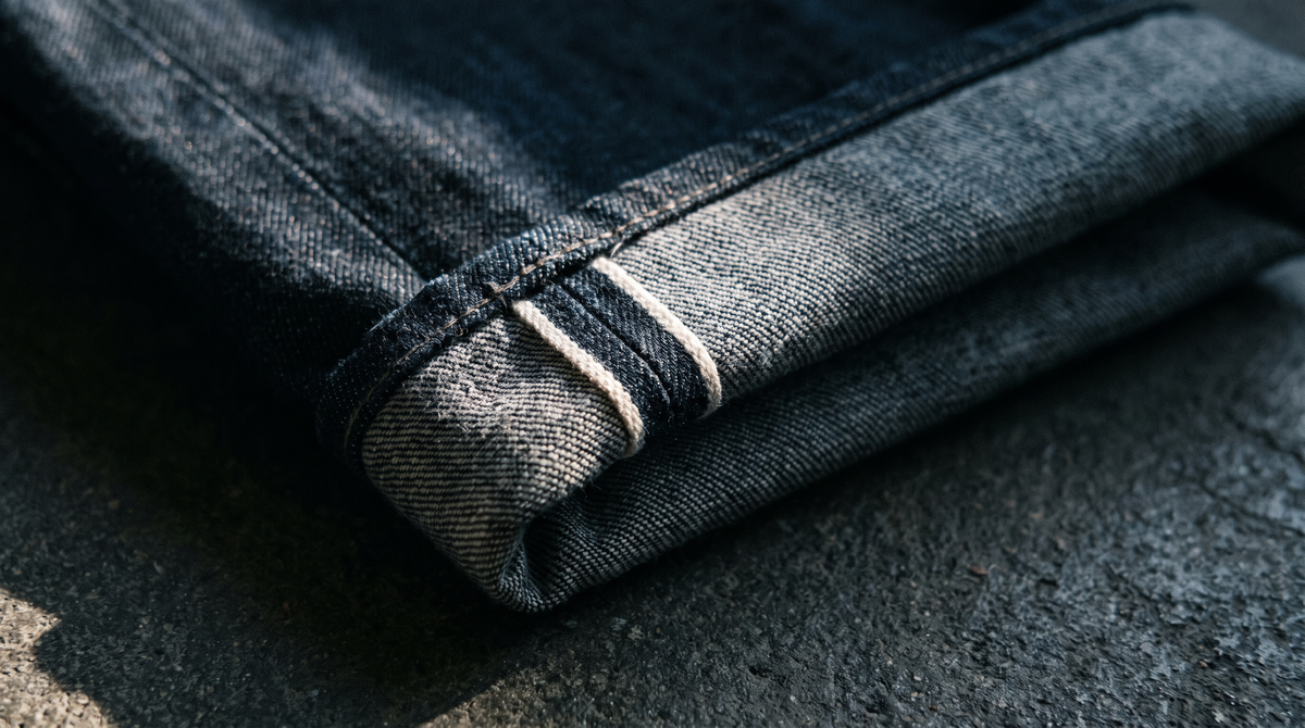 Folded raw indigo selvedge denim on dark concrete under hard raking light