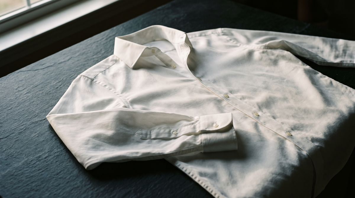 A white cotton dress shirt laid flat on dark slate in raking morning light