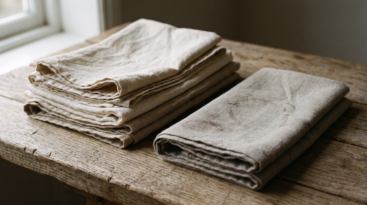 A stack of aged linen cloths on a weathered oak table in soft diffused light