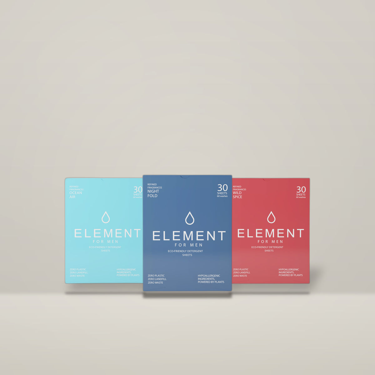 Element for Men Discovery Detergent Kit — Ocean Air, Night Fold and Wild Spice detergent sheet packs together