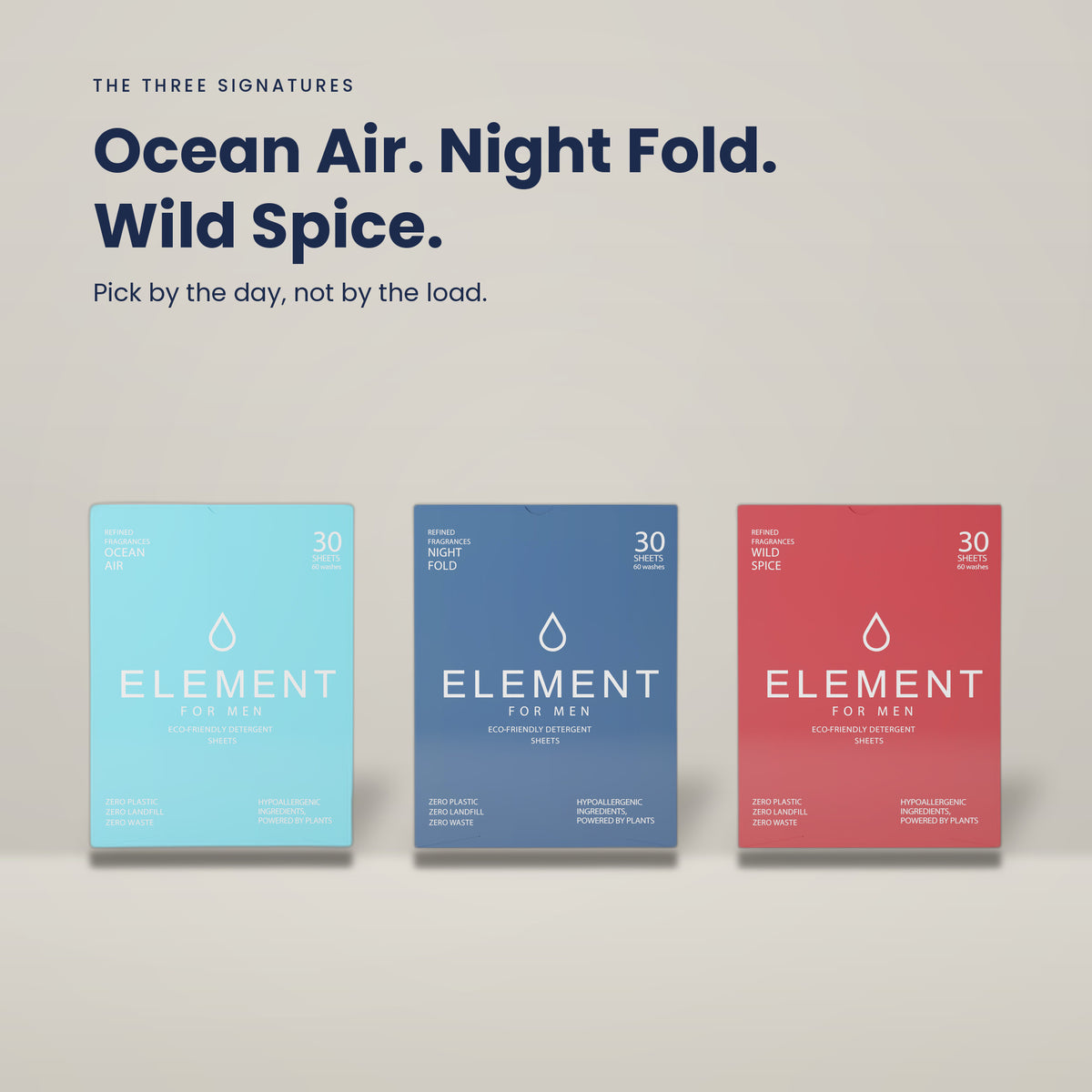 The three Element signatures in detergent sheet form — Ocean Air, Night Fold and Wild Spice