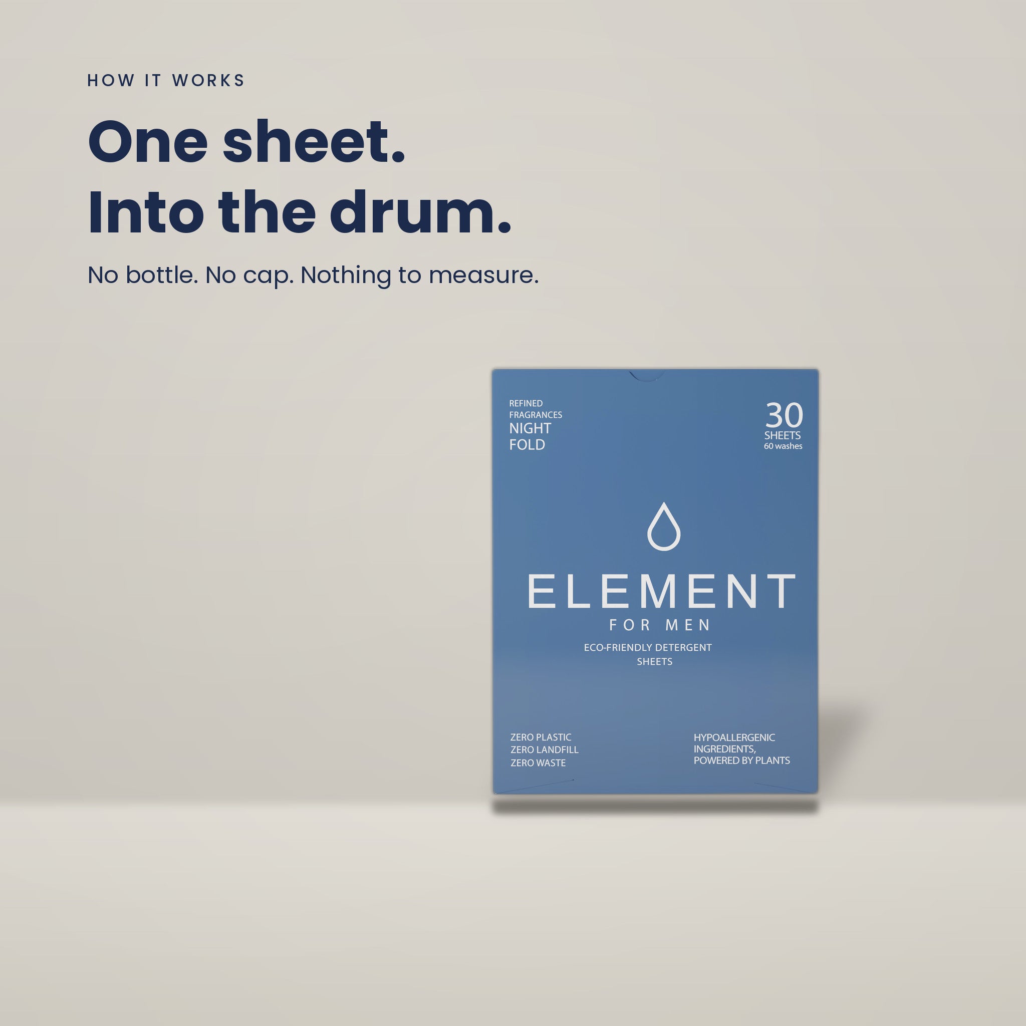 One Element detergent sheet goes straight into the washing machine drum — no bottle, no measuring cap