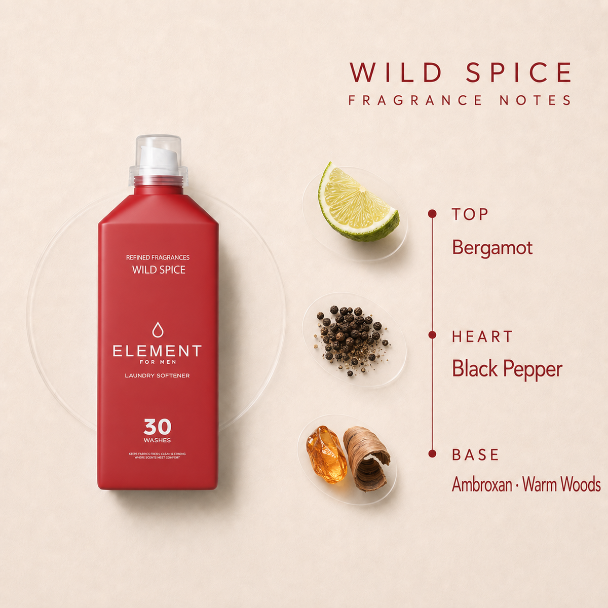 Wild Spice fabric conditioner — bergamot and pepper over patchouli and warm amber