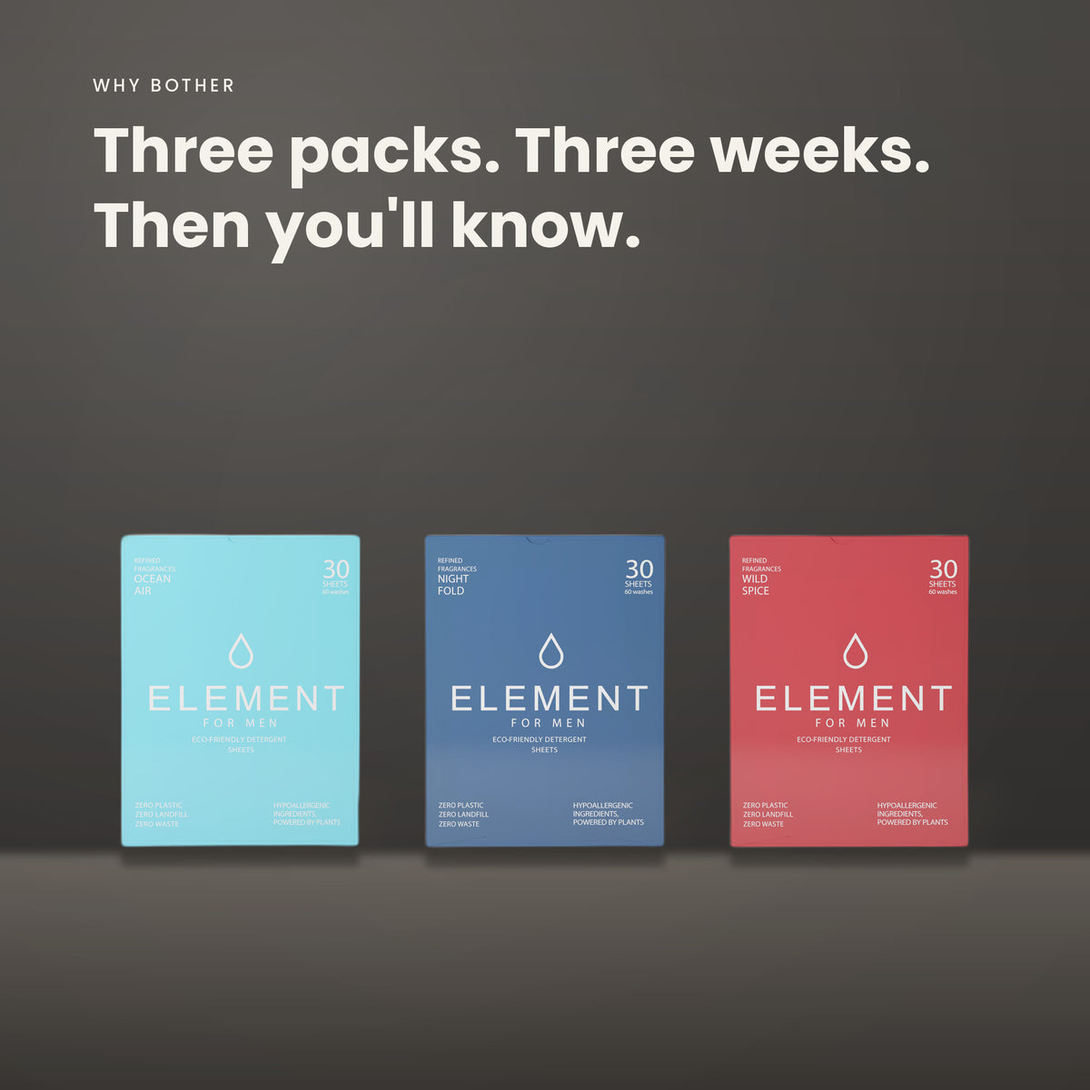 Element Discovery Detergent Kit — three packs, three weeks, find your signature scent