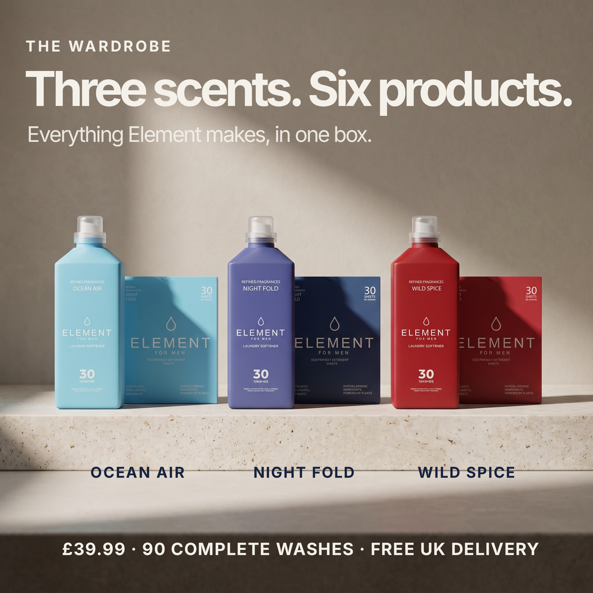 The Wardrobe — 3 detergent sheet packs and 3 fabric softeners