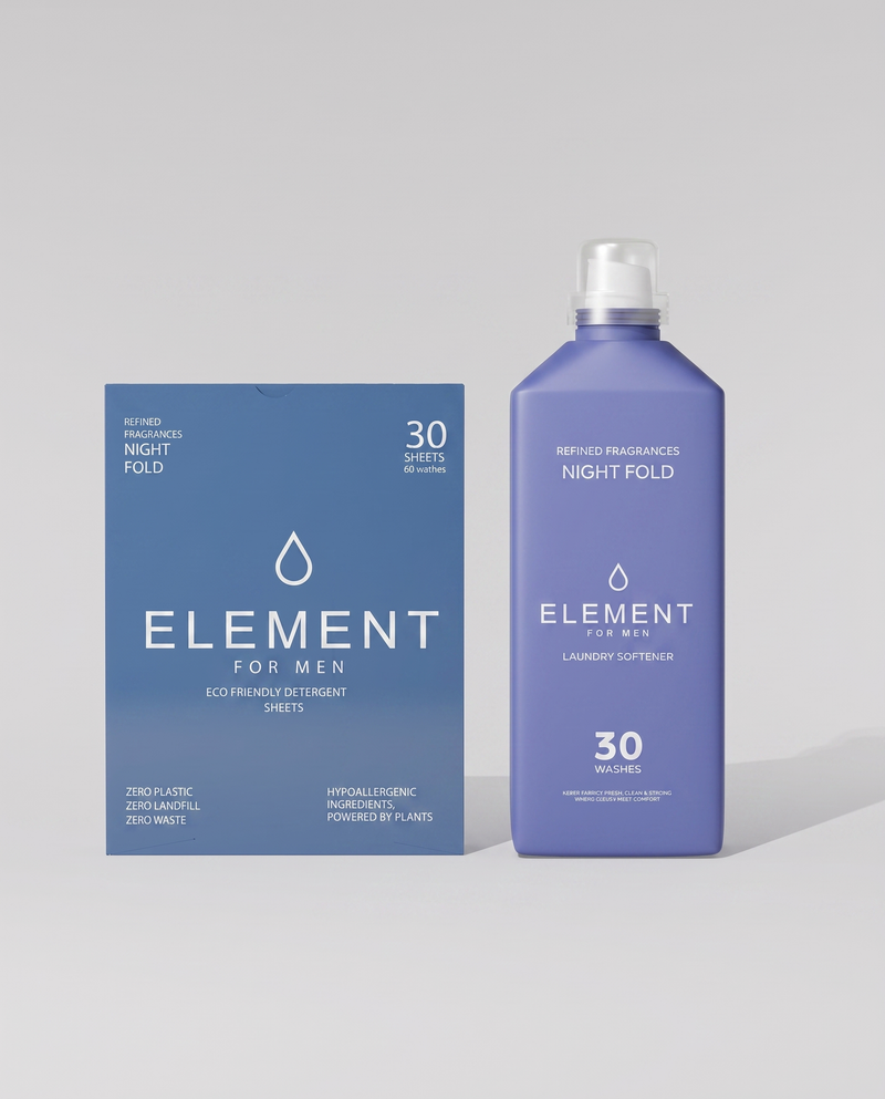 Element for Men Night Fold bundle — detergent sheets box and 1 litre fabric softener side by side