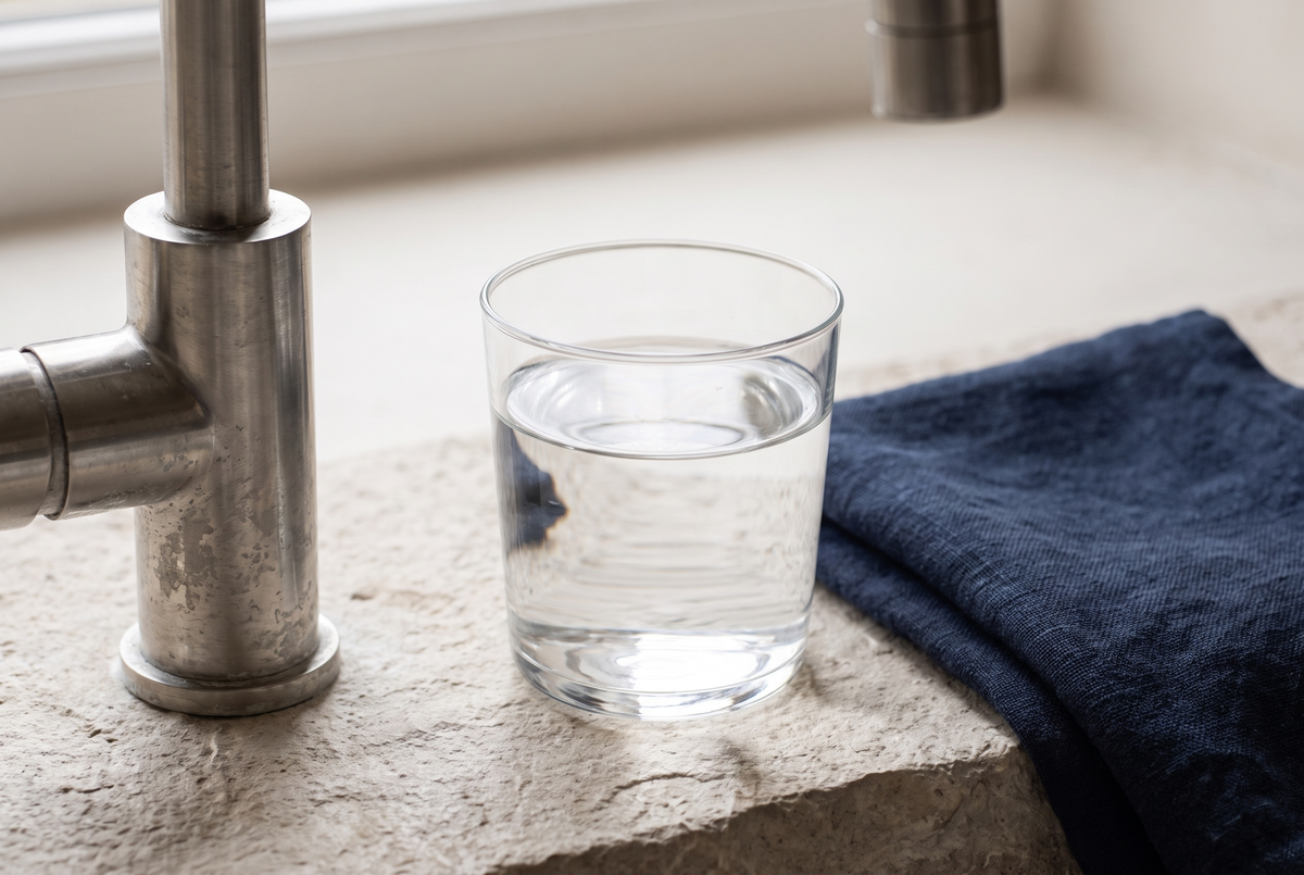 A glass of tap water beside a brushed steel kitchen tap on a limestone worktop