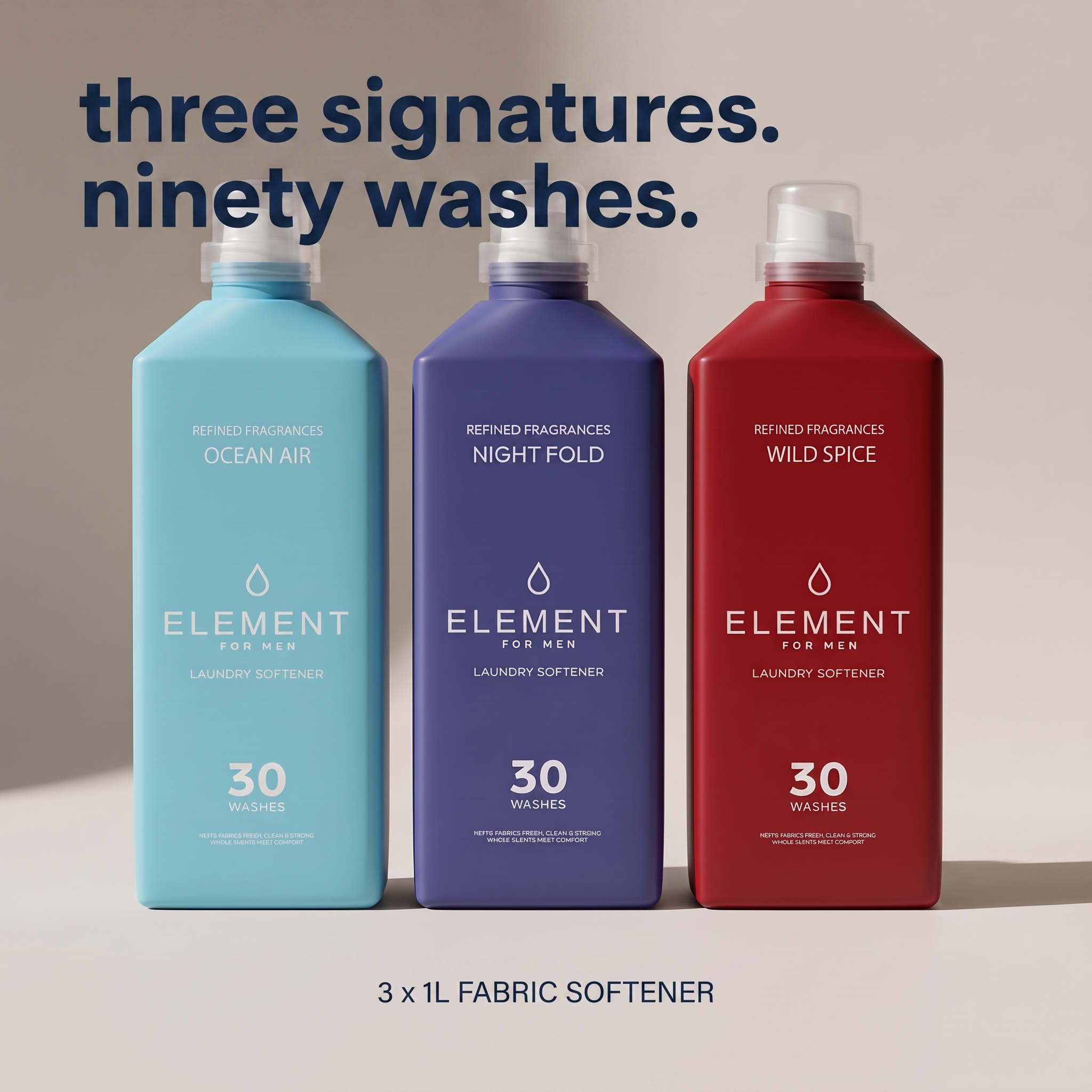 Three signatures, ninety washes — 3 x 1L Element fabric softener
