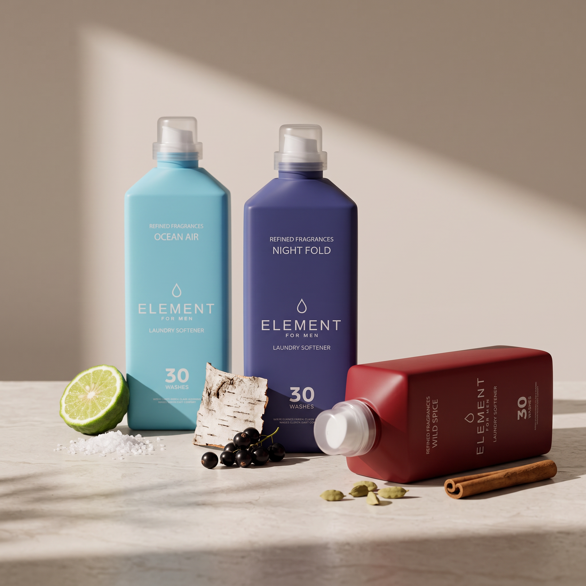 Element Discovery Kit editorial still life with bergamot, birch, blackcurrant, cardamom and cinnamon scent cues