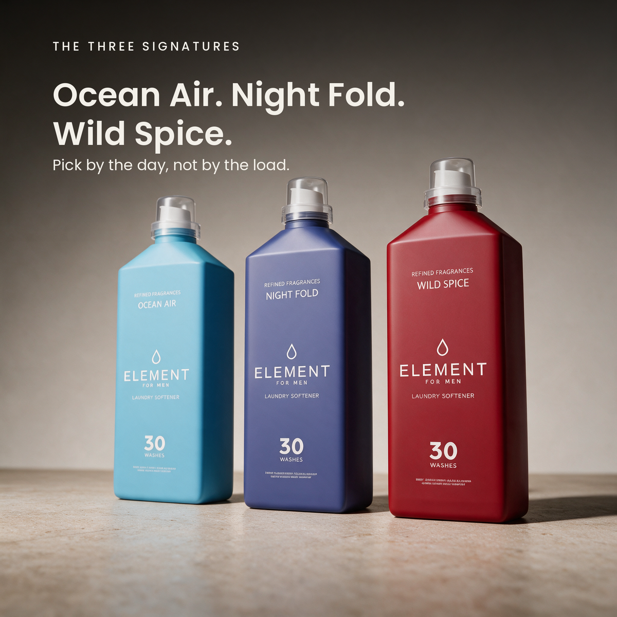 The three Element signature scents: Ocean Air, Night Fold and Wild Spice fabric softeners