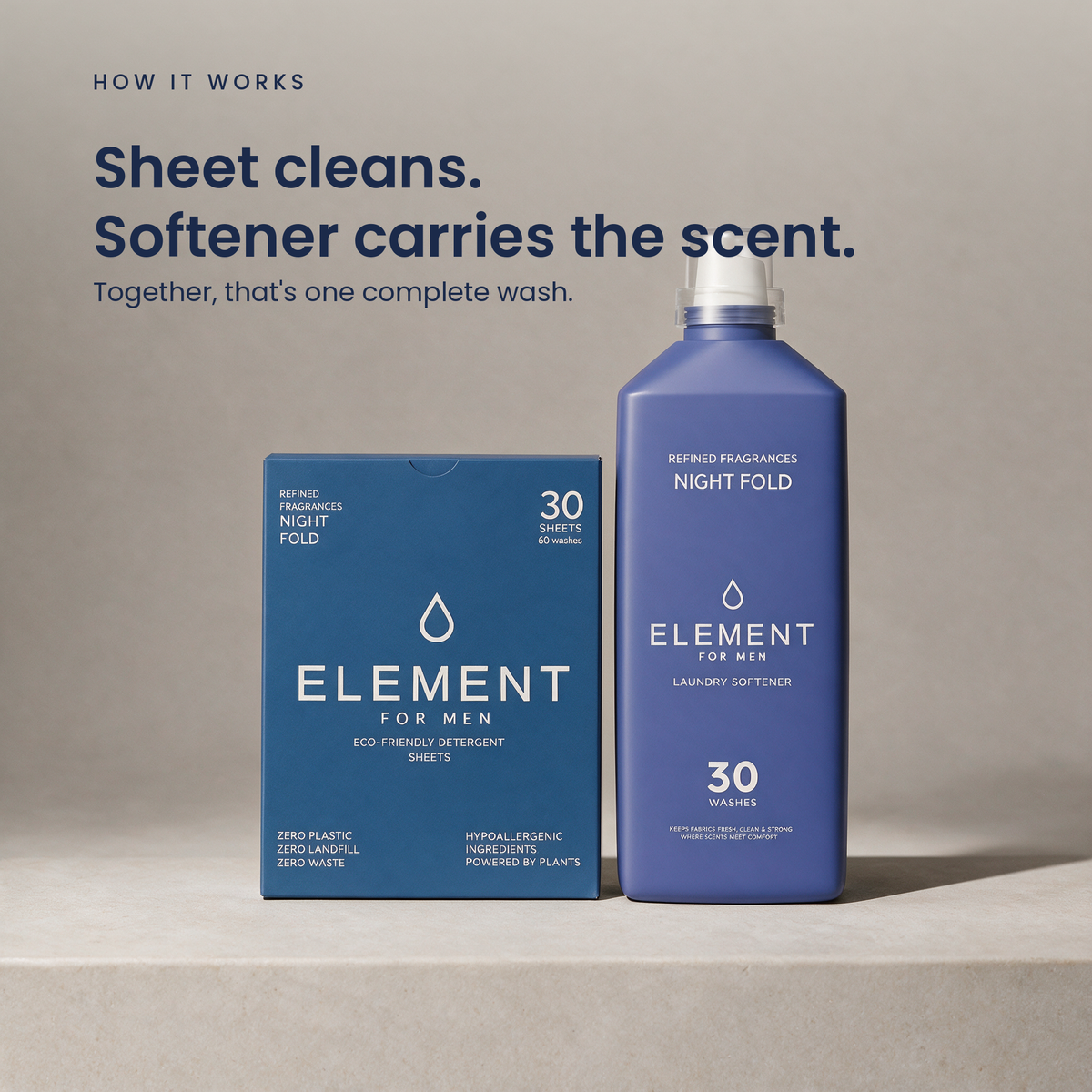 Element Night Fold detergent sheets and fabric softener together make one complete wash