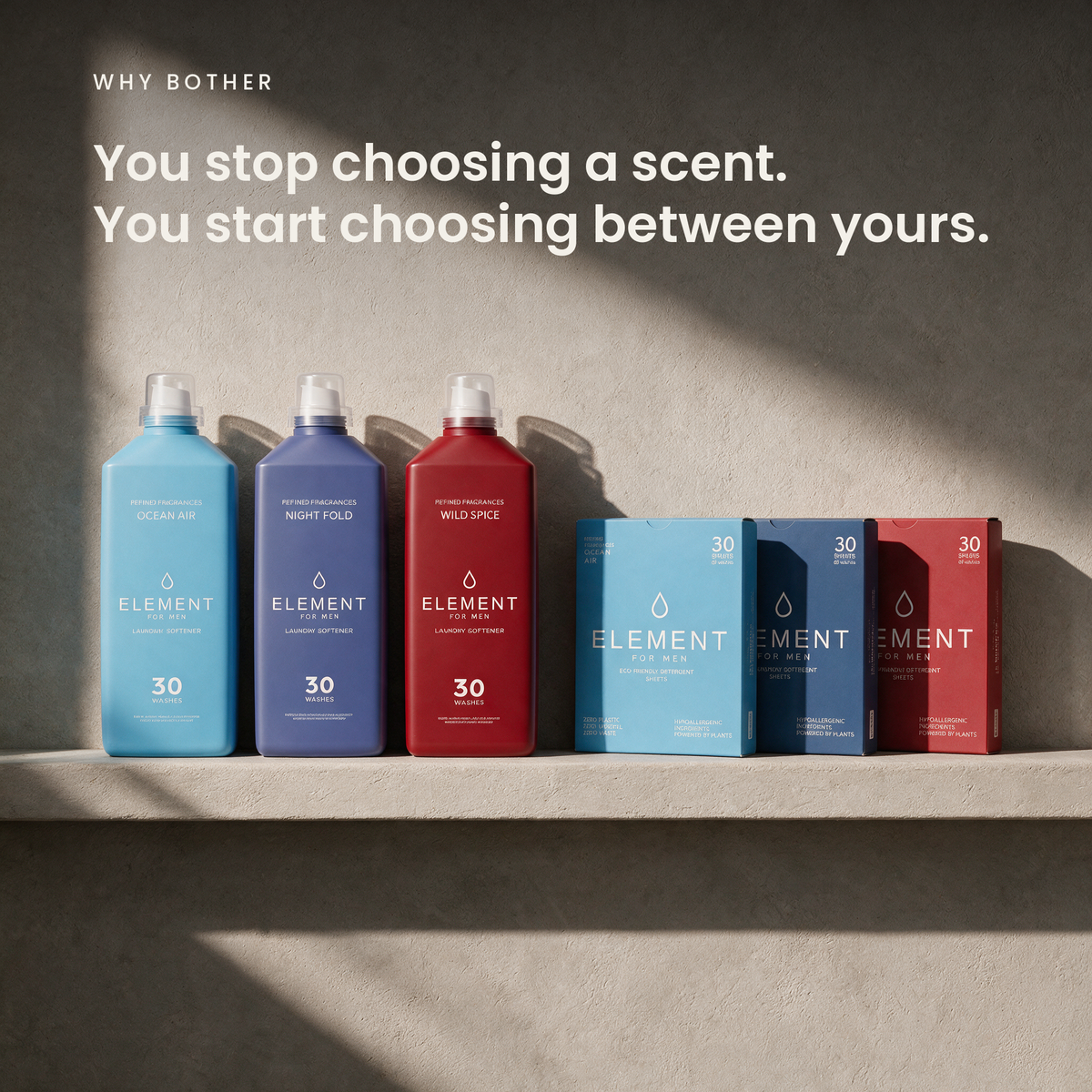 The full Element for Men Wardrobe set displayed on a shelf like a fragrance collection